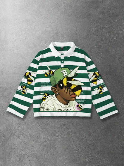 Men Striped Long Sleeve Loose Graphic Polo Shirt