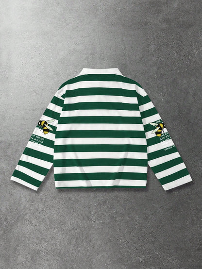 Men Striped Long Sleeve Loose Graphic Polo Shirt