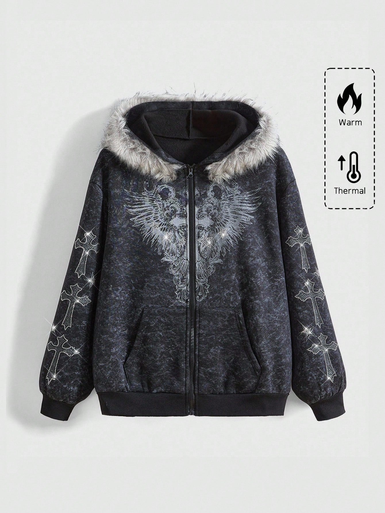 ROMWE Fairycore Distressed Cross Zip Hoodie