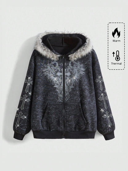 ROMWE Fairycore Distressed Cross Zip Hoodie