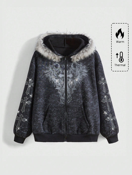 ROMWE Fairycore Distressed Cross Zip Hoodie