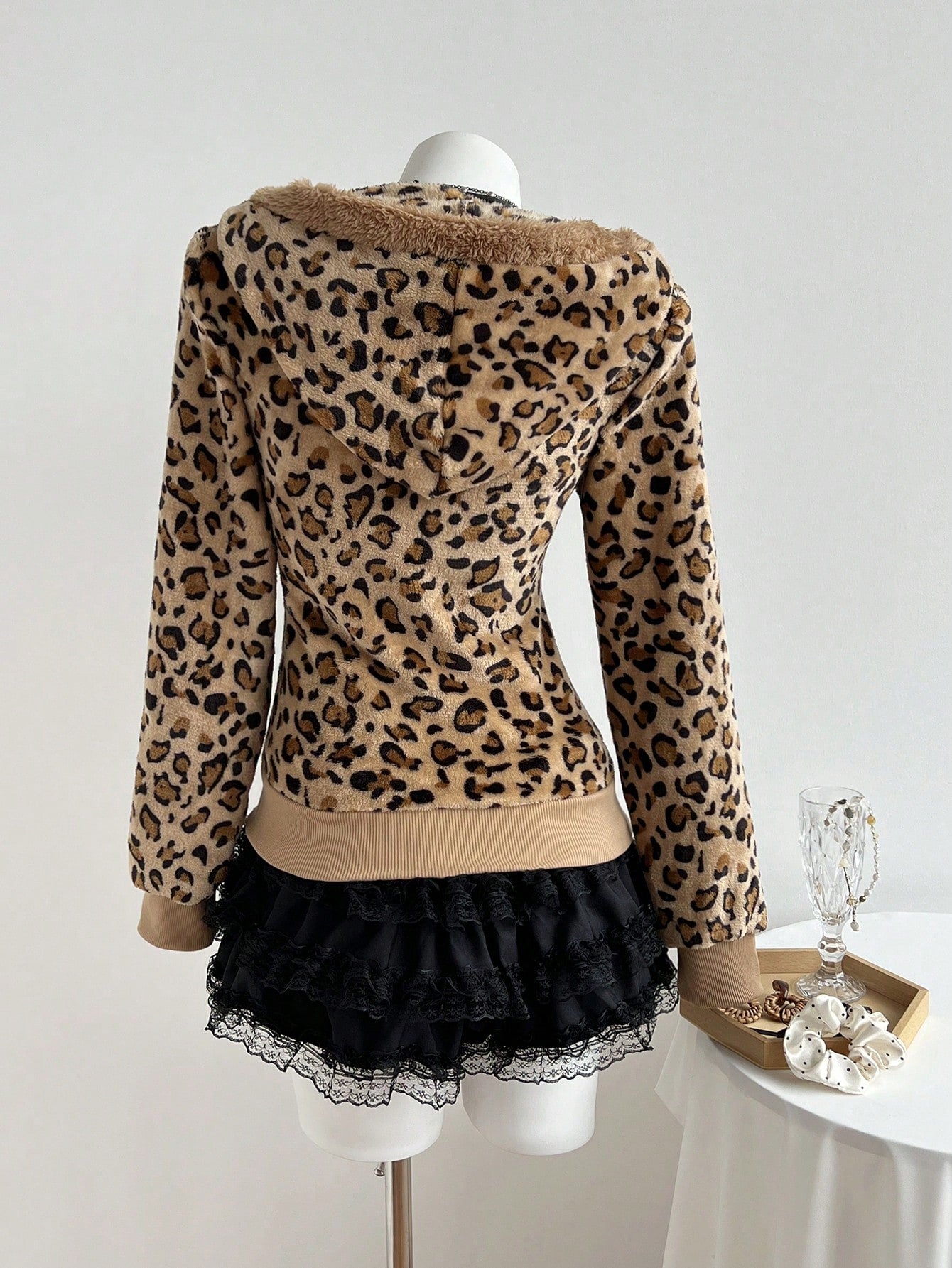 Women's Leopard Print Flannel Thermal Hooded Sweatshirt