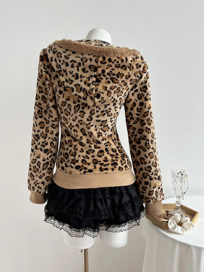 Women's Leopard Print Flannel Thermal Hooded Sweatshirt
