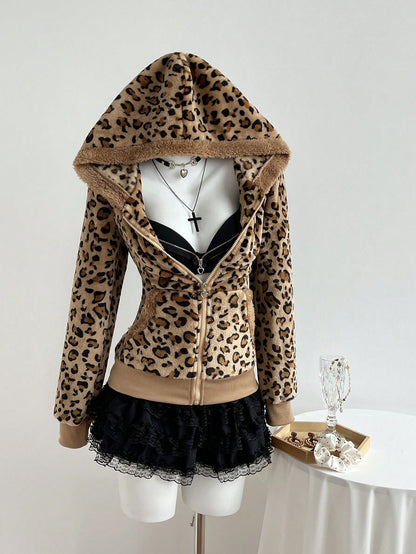 Women's Leopard Print Flannel Thermal Hooded Sweatshirt