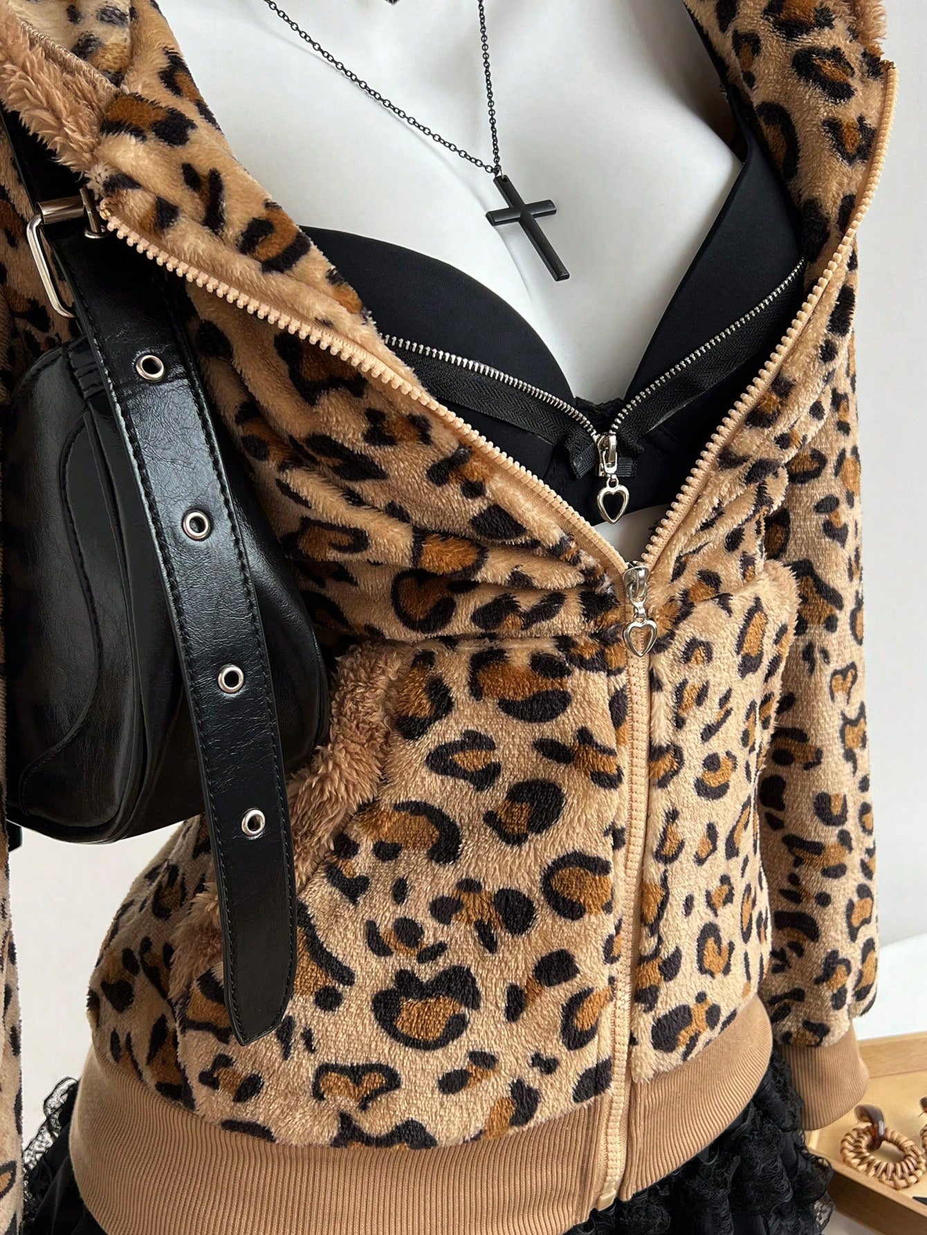 Women's Leopard Print Flannel Thermal Hooded Sweatshirt
