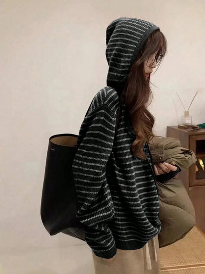 Women's Striped Minimalist Hooded Knit Sweater