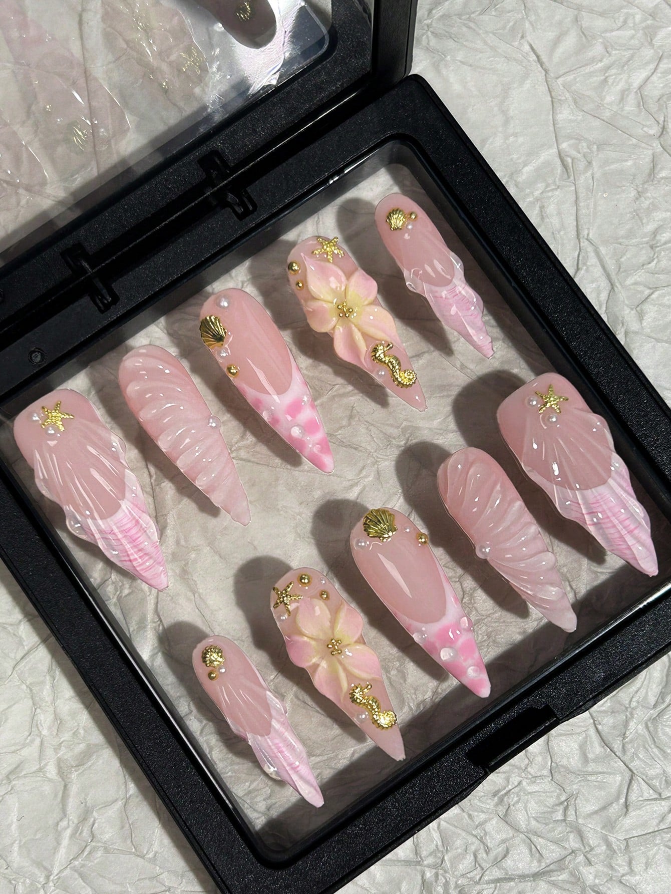 3D Ocean Shell Pink French Tip Handmade Press-On Nails