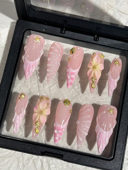 Long Pointed 3D Ocean Shell & Seahorse Press-On Nails