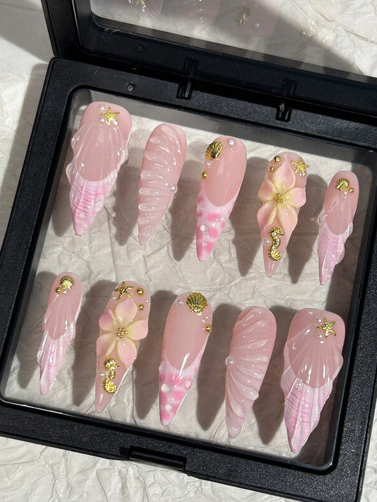 Long Pointed 3D Ocean Shell & Seahorse Press-On Nails
