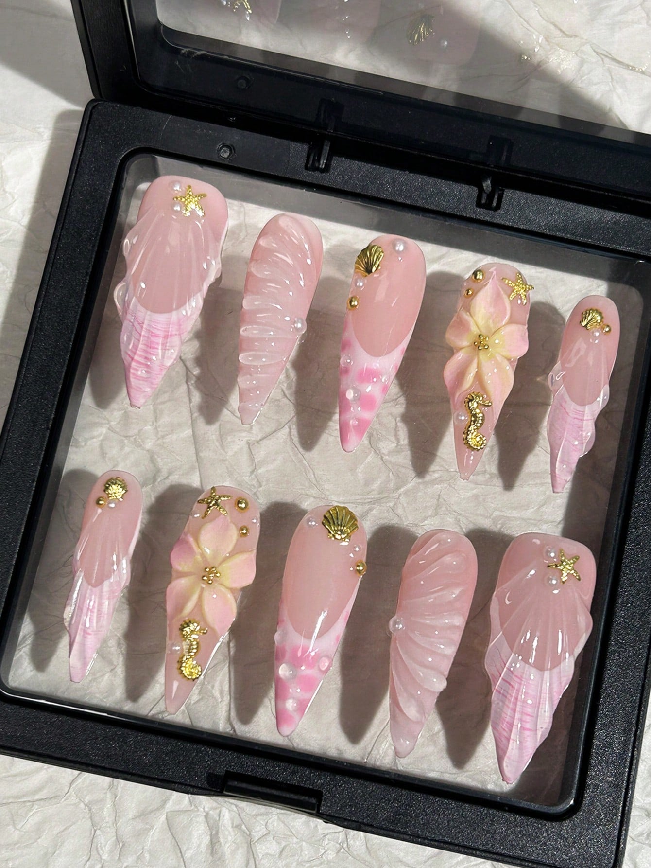 3D Ocean Shell Pink French Tip Handmade Press-On Nails