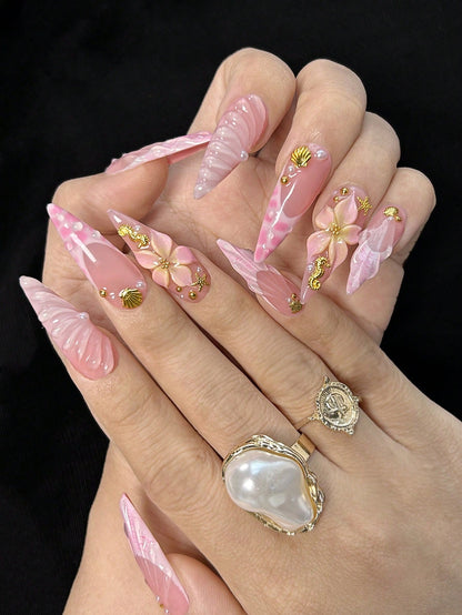 Long Pointed 3D Ocean Shell & Seahorse Press-On Nails