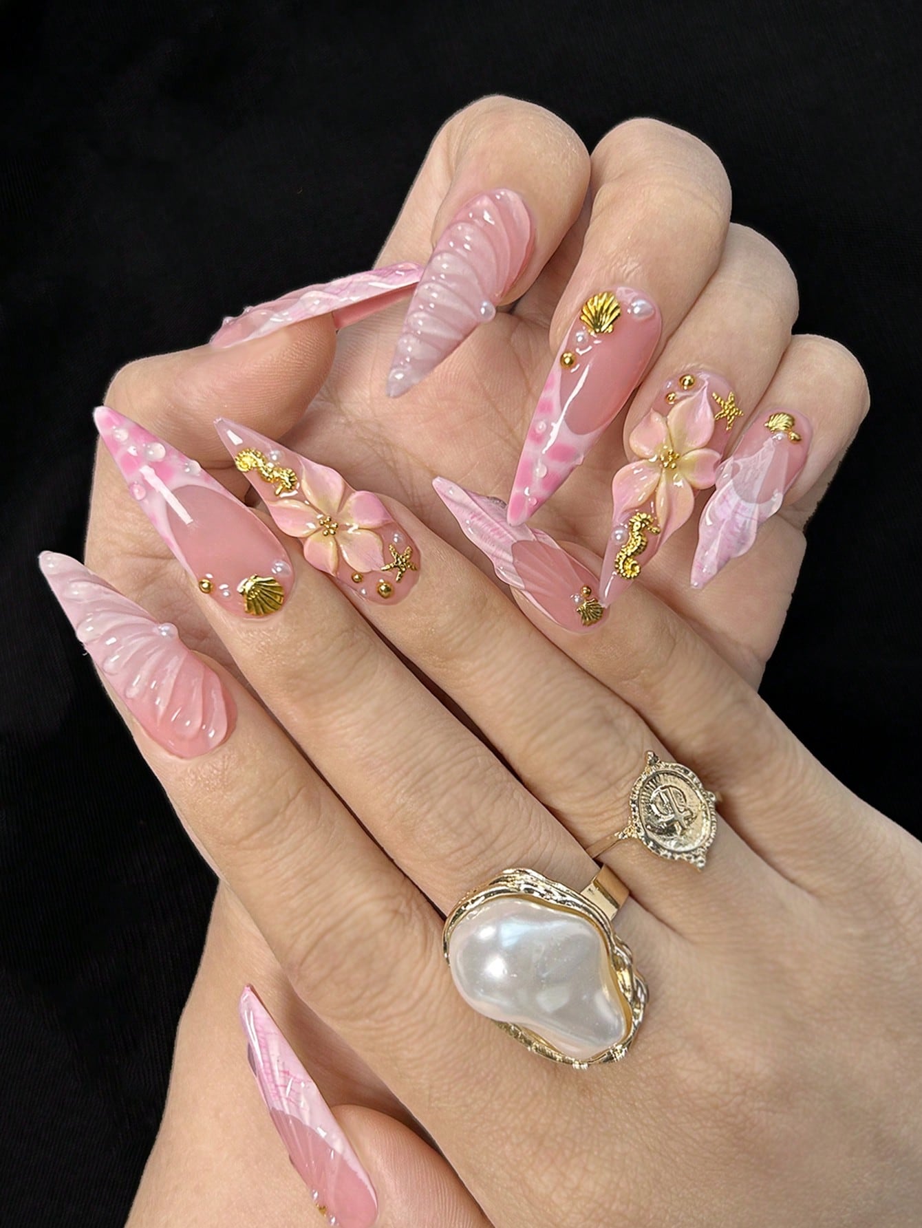 3D Ocean Shell Pink French Tip Handmade Press-On Nails