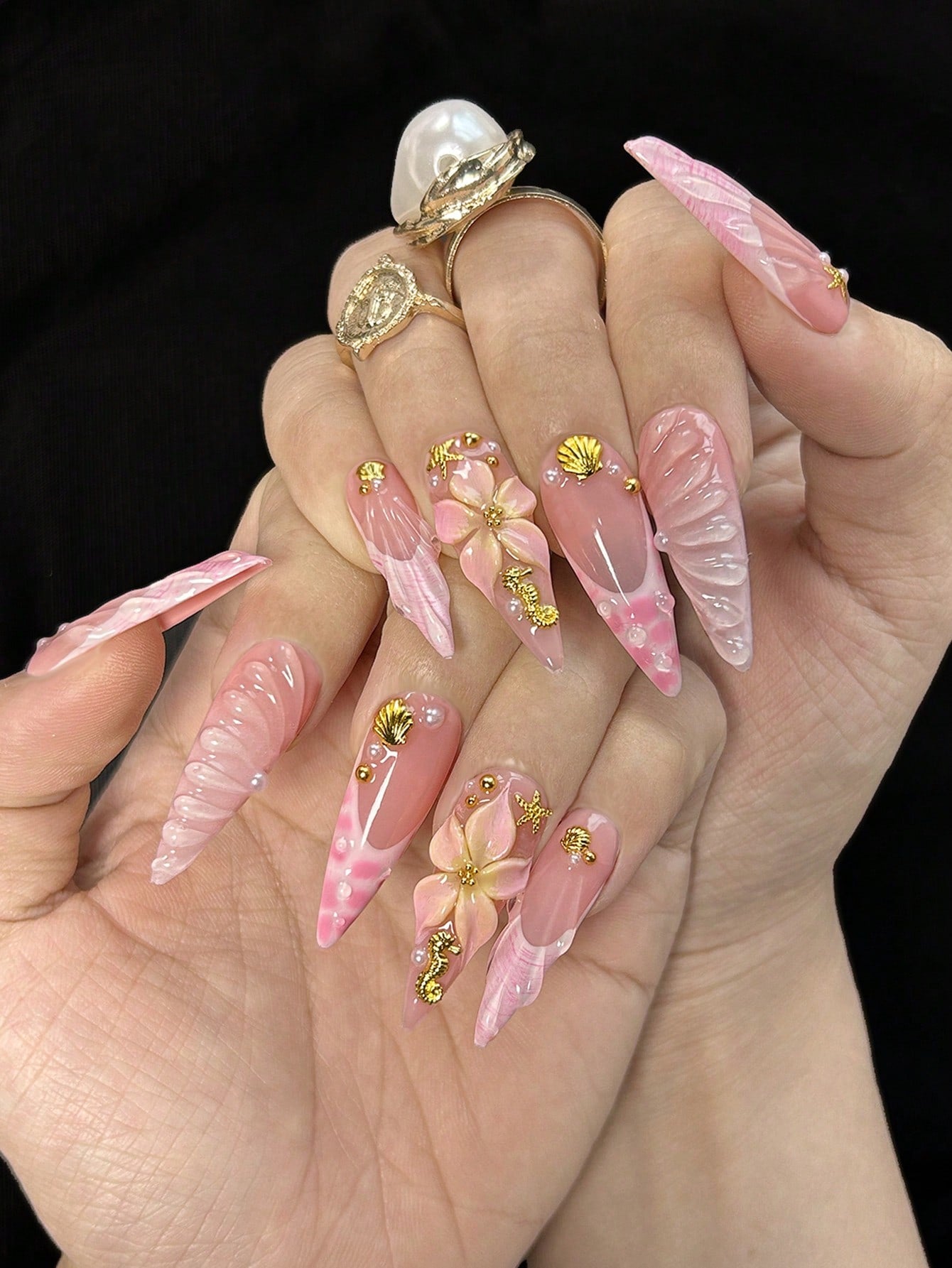 Long Pointed 3D Ocean Shell & Seahorse Press-On Nails