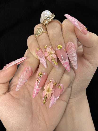 Long Pointed 3D Ocean Shell & Seahorse Press-On Nails