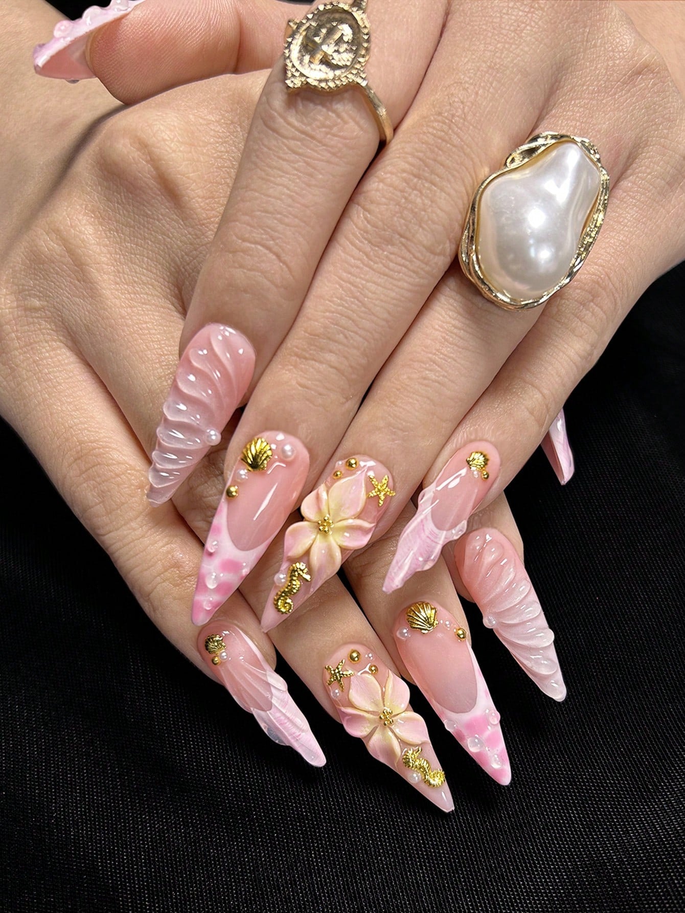3D Ocean Shell Pink French Tip Handmade Press-On Nails