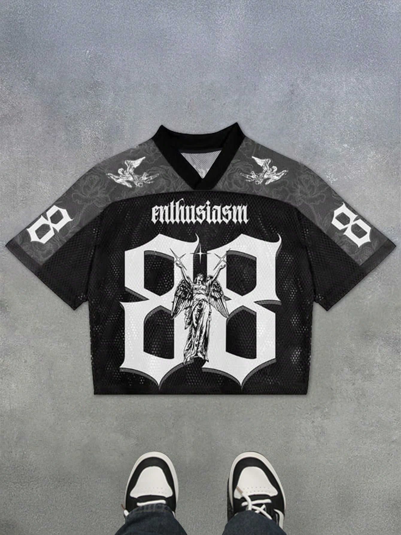 Black Letter Print V-Neck Soccer Style Jersey