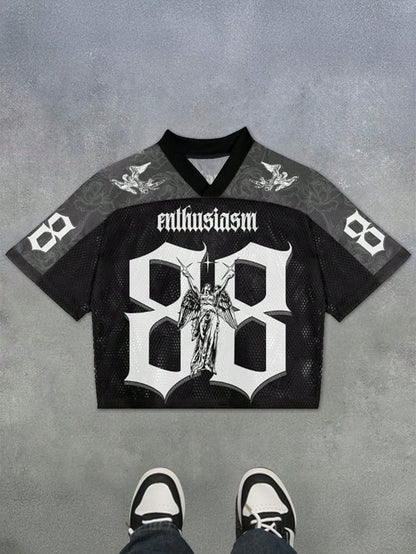 Black Letter Print V-Neck Soccer Style Jersey