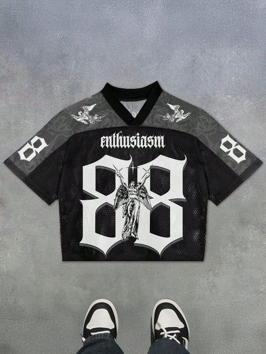 Black Letter Print V-Neck Soccer Style Jersey