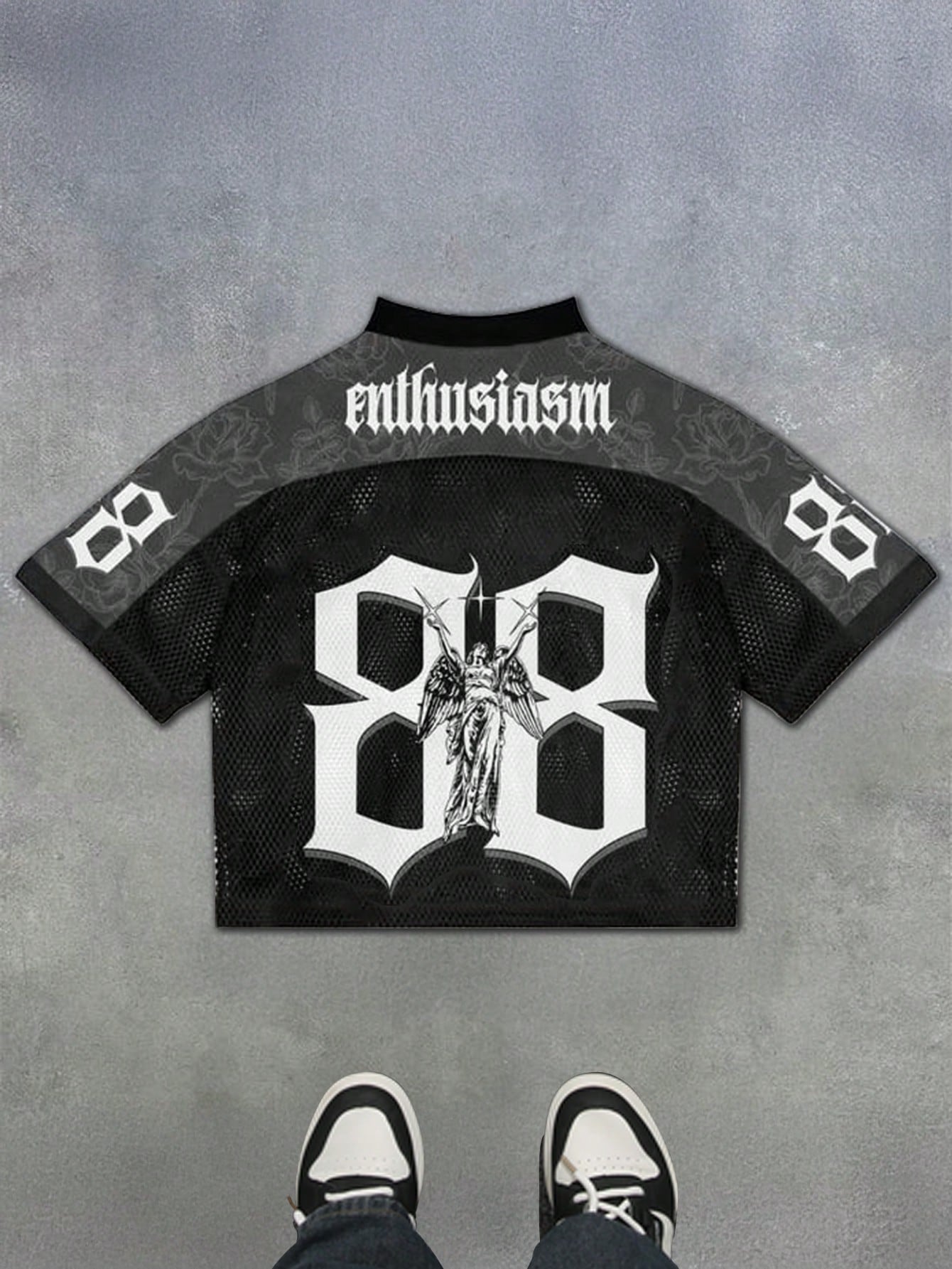 Black Letter Print V-Neck Soccer Style Jersey