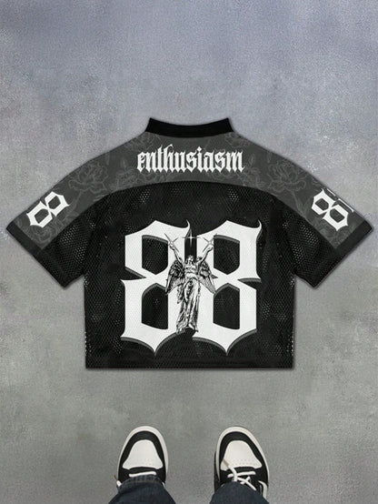 Black Letter Print V-Neck Soccer Style Jersey