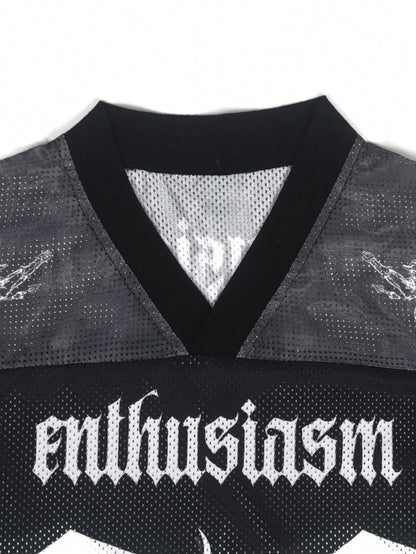 Black Letter Print V-Neck Soccer Style Jersey