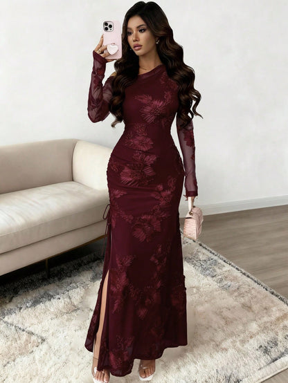Elegant Burgundy Asymmetrical Mermaid Maxi Dress