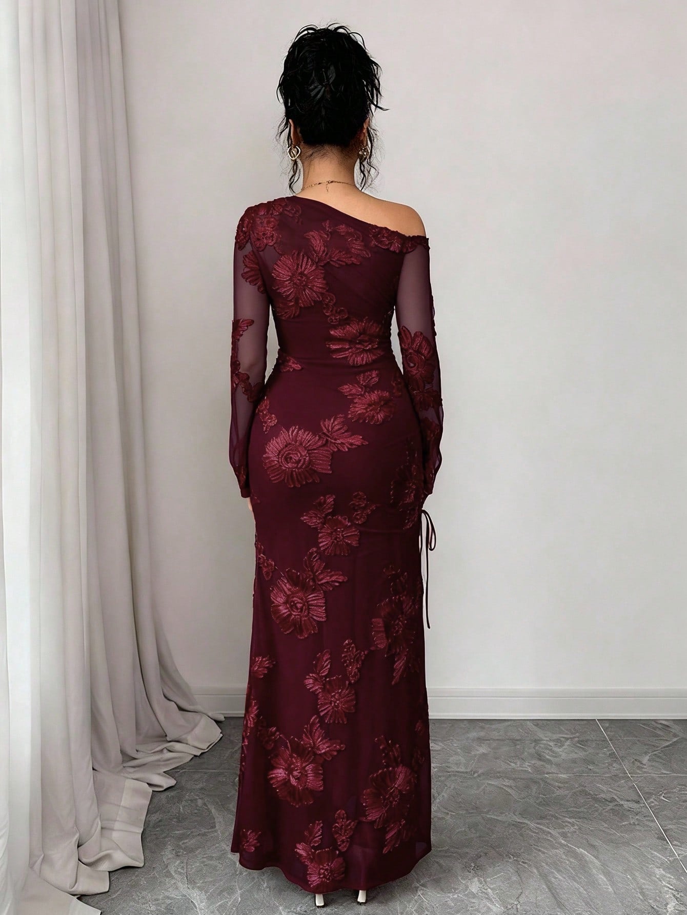 Elegant Burgundy Asymmetrical Mermaid Maxi Dress