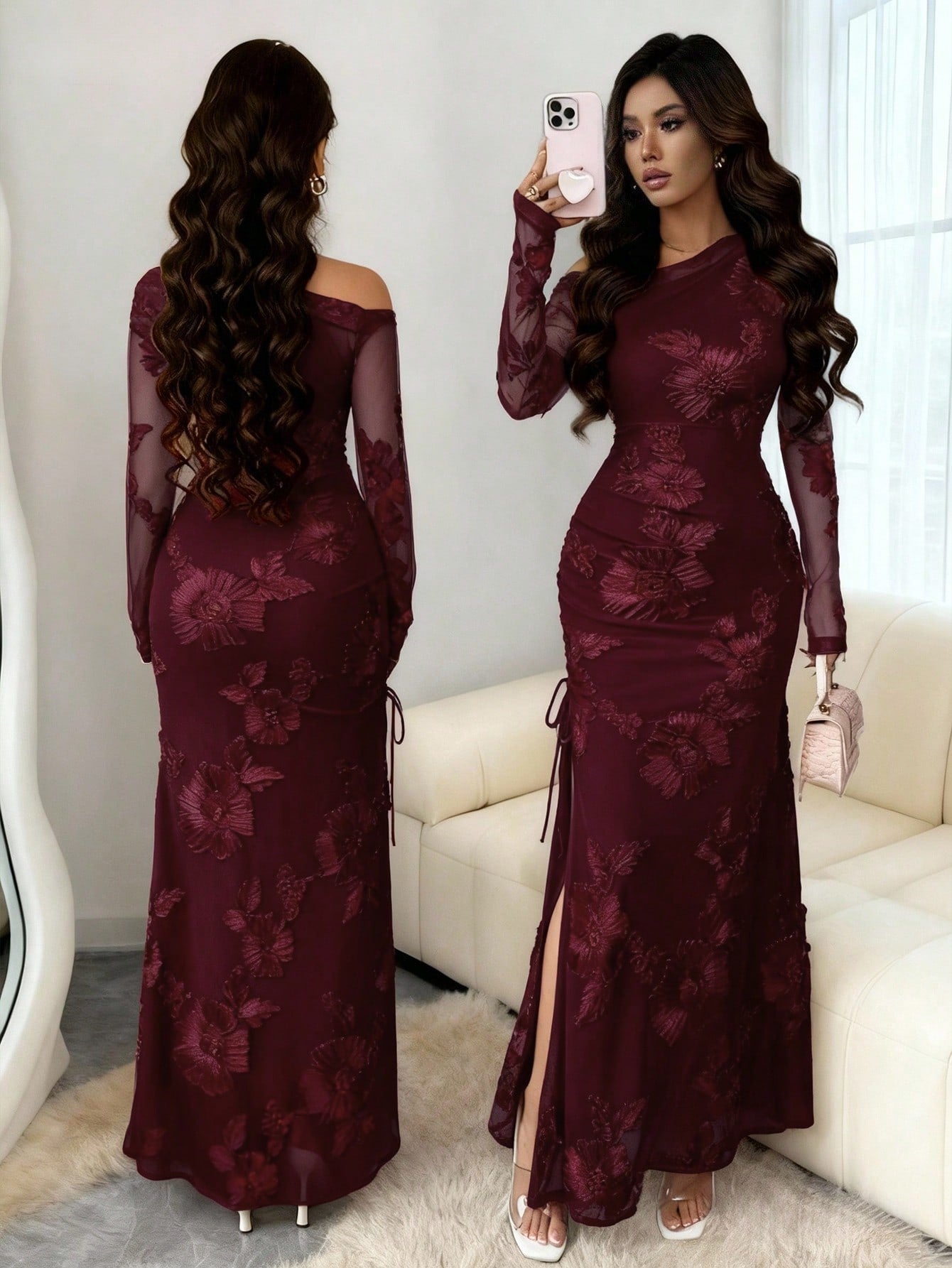 Elegant Burgundy Asymmetrical Mermaid Maxi Dress