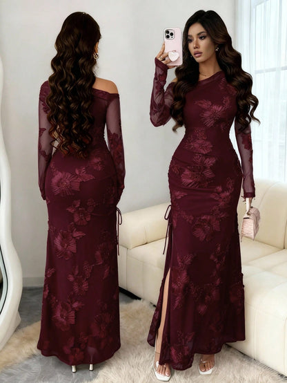 Elegant Burgundy Asymmetrical Mermaid Maxi Dress