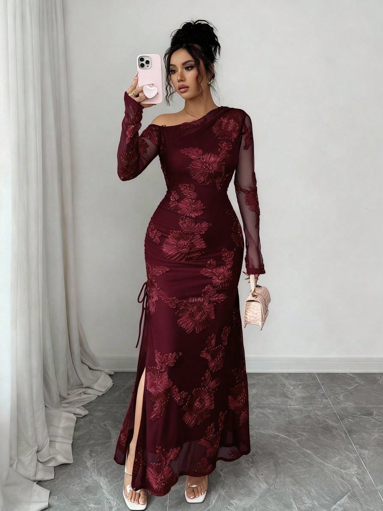 Elegant Burgundy Asymmetrical Mermaid Maxi Dress