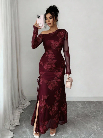 Elegant Burgundy Asymmetrical Mermaid Maxi Dress