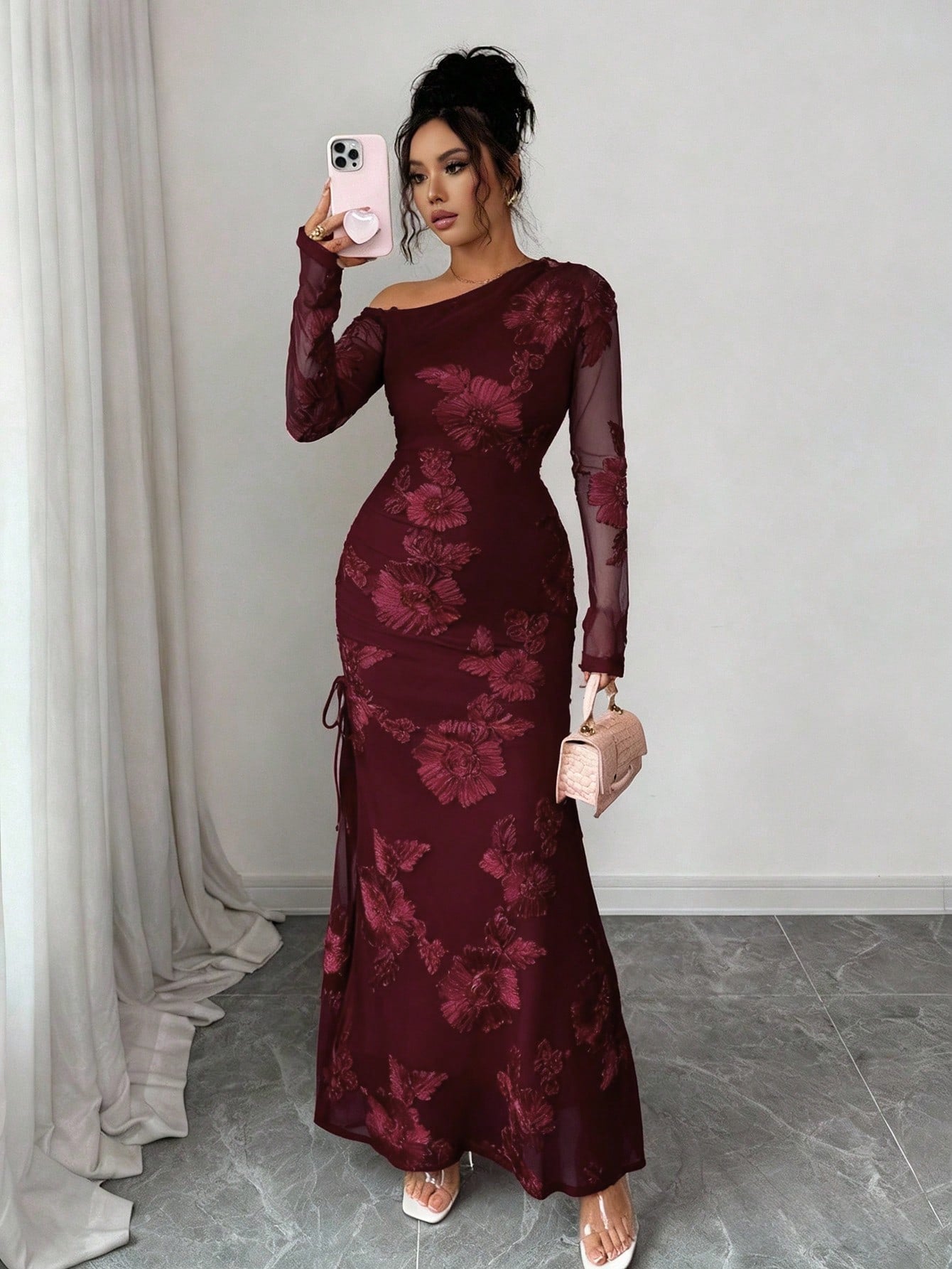Elegant Burgundy Asymmetrical Mermaid Maxi Dress