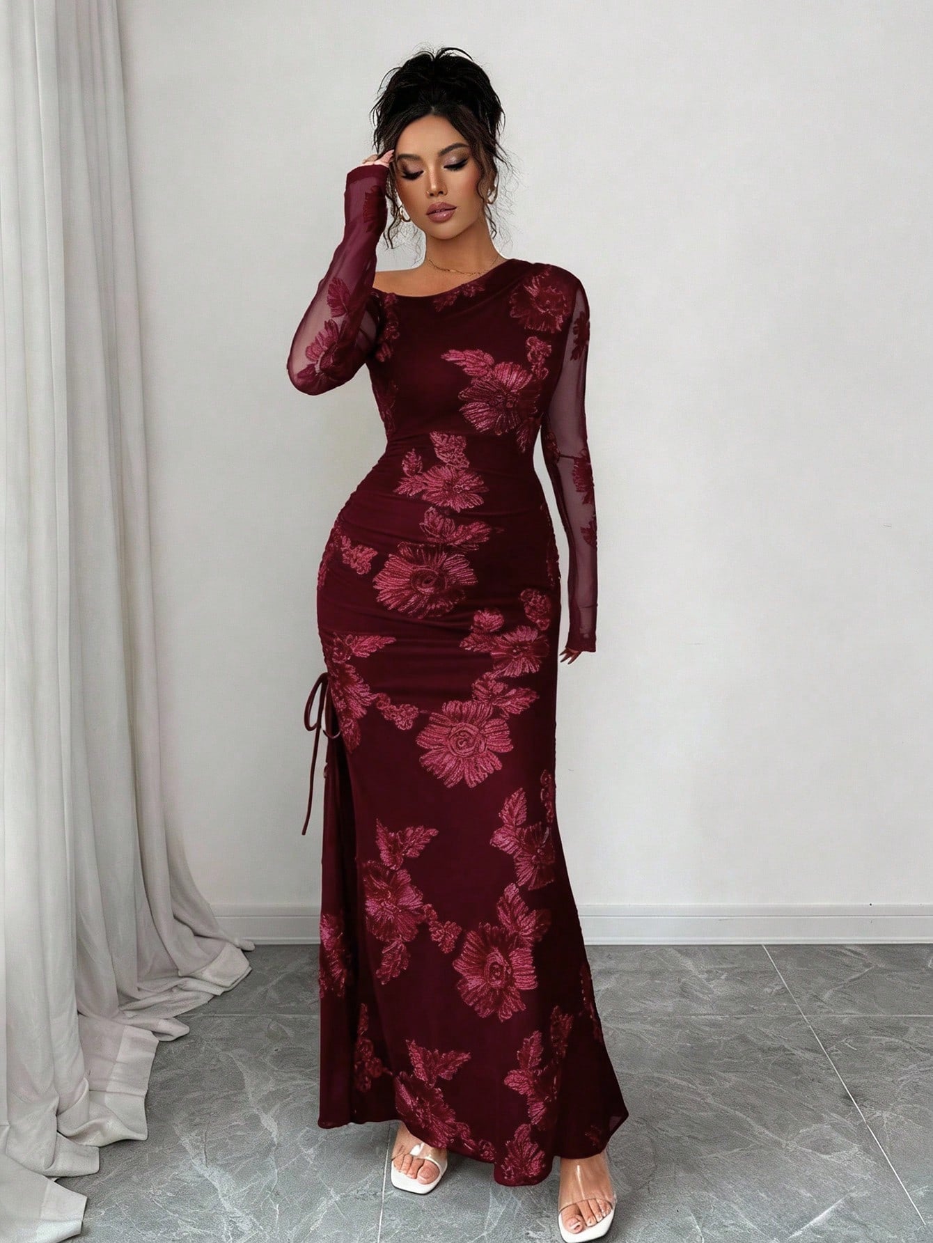 Elegant Burgundy Asymmetrical Mermaid Maxi Dress
