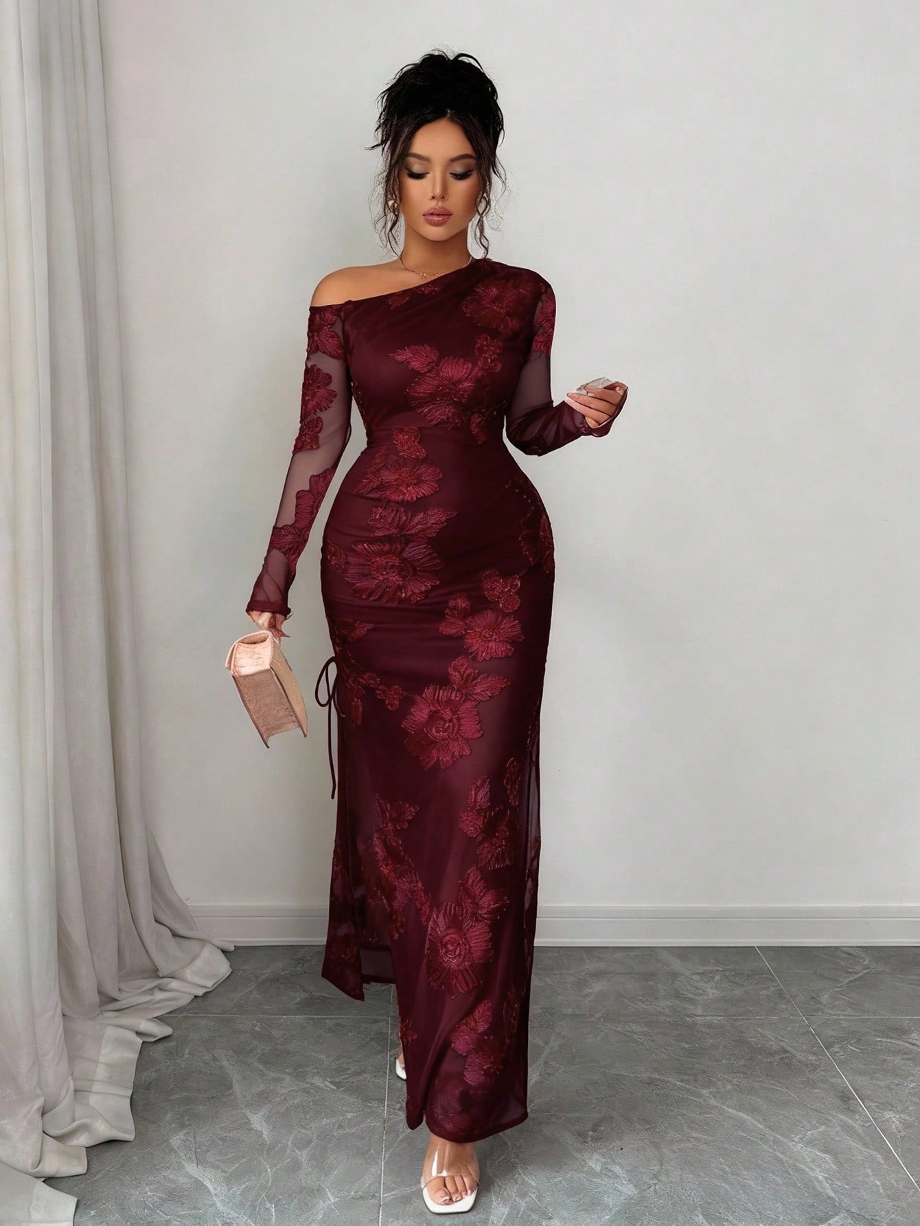 Elegant Burgundy Asymmetrical Mermaid Maxi Dress