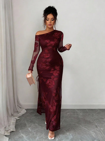 Elegant Burgundy Asymmetrical Mermaid Maxi Dress