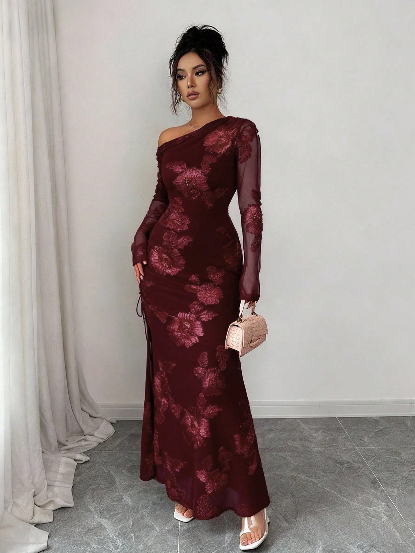 Elegant Burgundy Asymmetrical Mermaid Maxi Dress