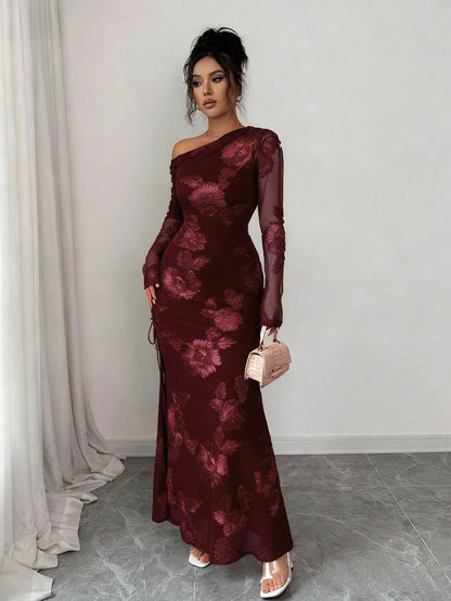 Elegant Burgundy Asymmetrical Mermaid Maxi Dress