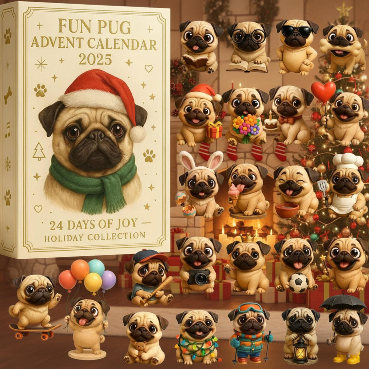 Pug Advent Calendar 2025 24 Days Of Dog Figurines Xmas Countdown Surprises Cute Holiday Gift For Dog Lovers Kids  Adults