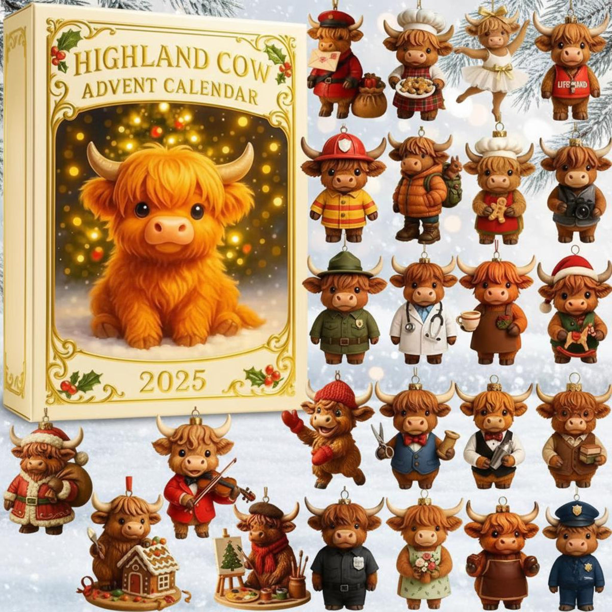 2025 Highland Cow Christmas Advent Calendar 24 Day Mini Figurine Box Holiday Gift Idea For Farm Fans Kids  Collectors