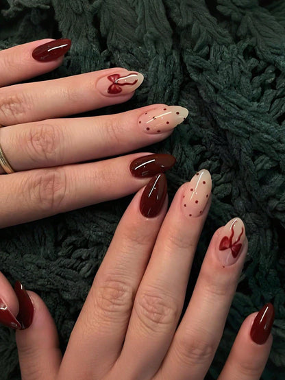 Red Polka Dot Bow Almond Press-On Nail Set (24pcs)