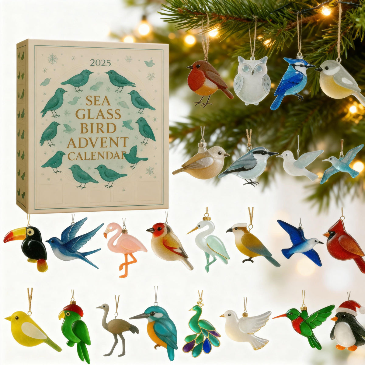 Sea Glass Bird Advent Calendar 2025 With 24 Hanging Ornaments Countdown Christmas Gift For Bird Lovers Tree Decor Holiday Display