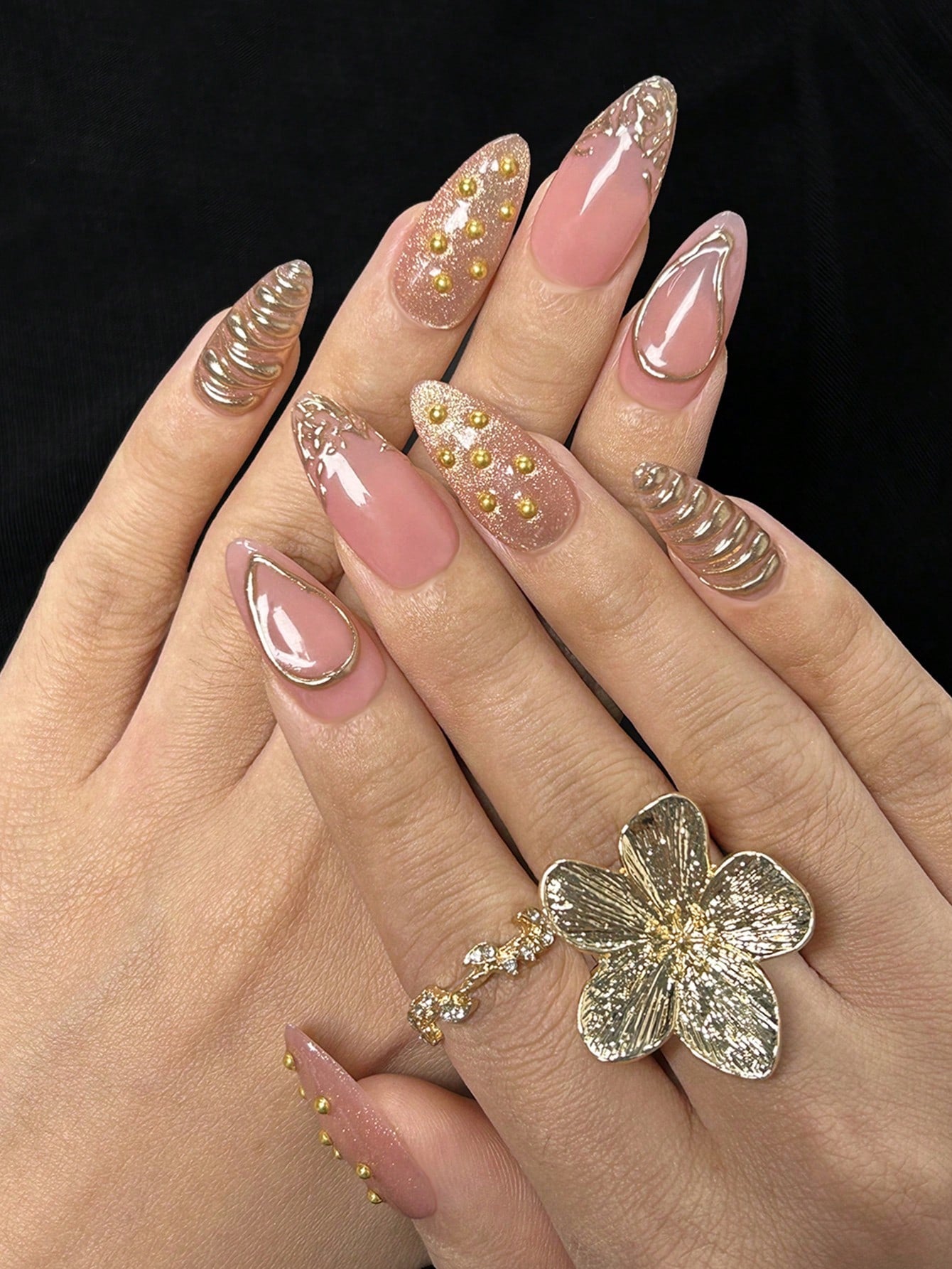 Gothic Pink Cat Eye Almond Press-On Nails with Beads
