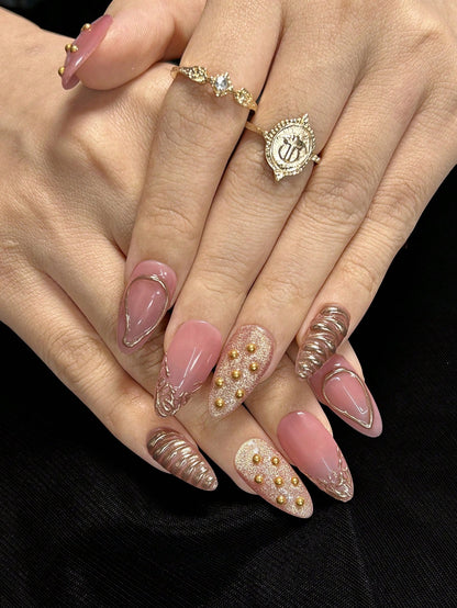 Gothic Pink Cat Eye Almond Press-On Nails with Beads