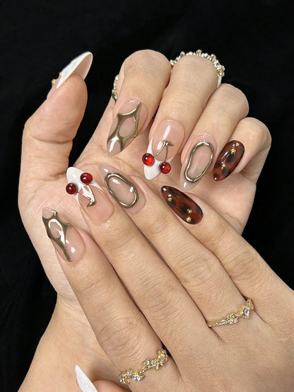 White French Almond Press-On Nails with 3D Gold Cherry