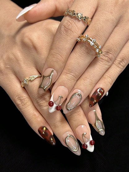 White French Almond Press-On Nails with 3D Gold Cherry