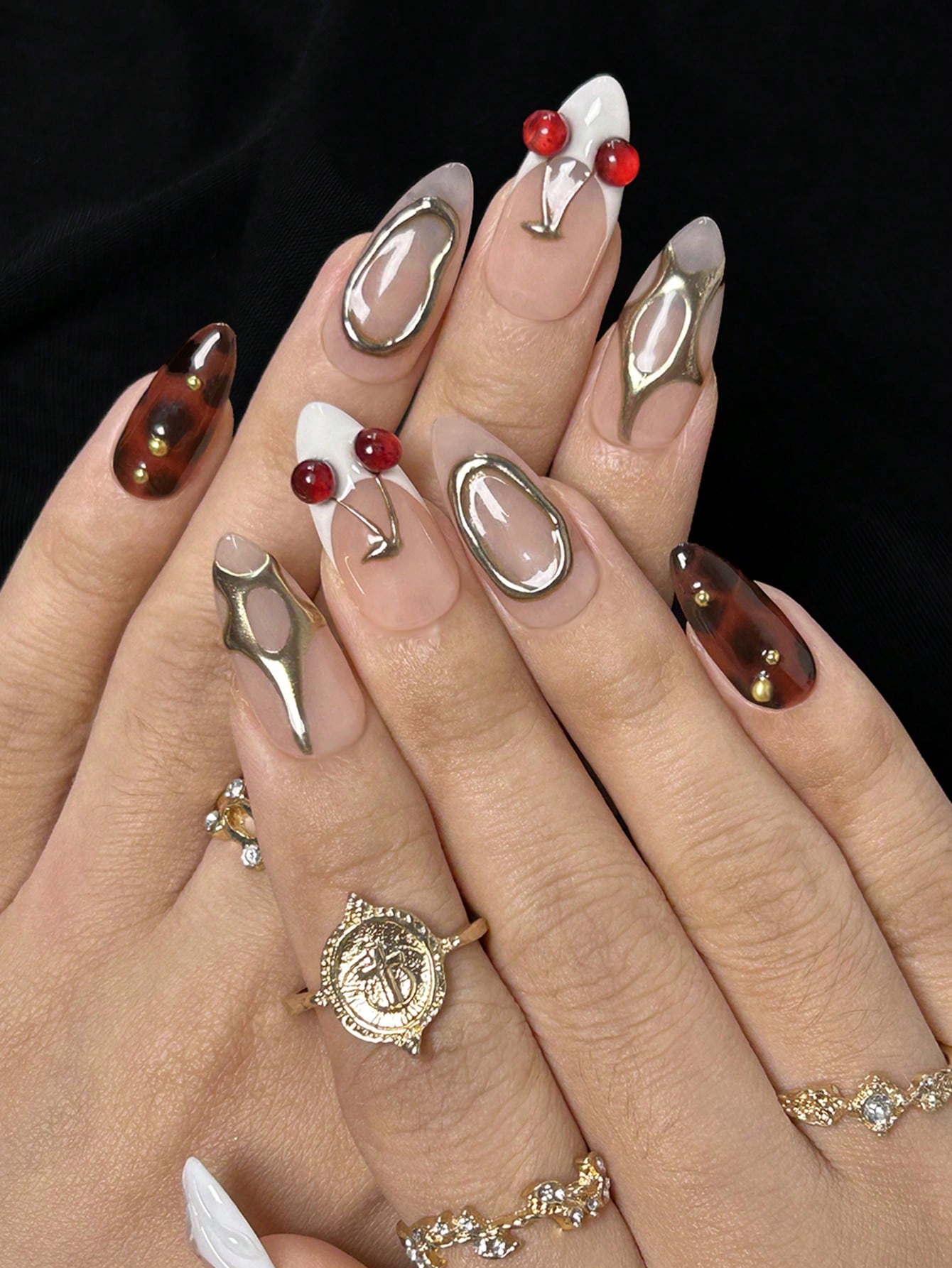 White French Almond Press-On Nails with 3D Gold Cherry