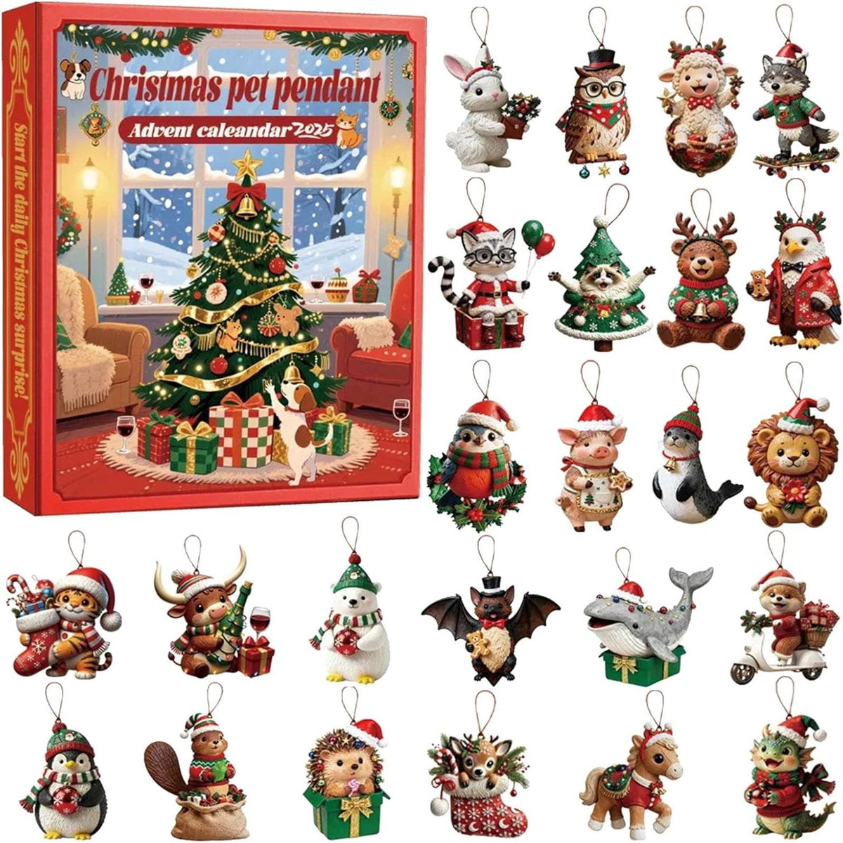 Christmas Pet Advent Calendar 2025  24 Cute Animal Ornaments  Dog Cat Bunny Reindeer Figurines  Holiday Countdown Gift Box