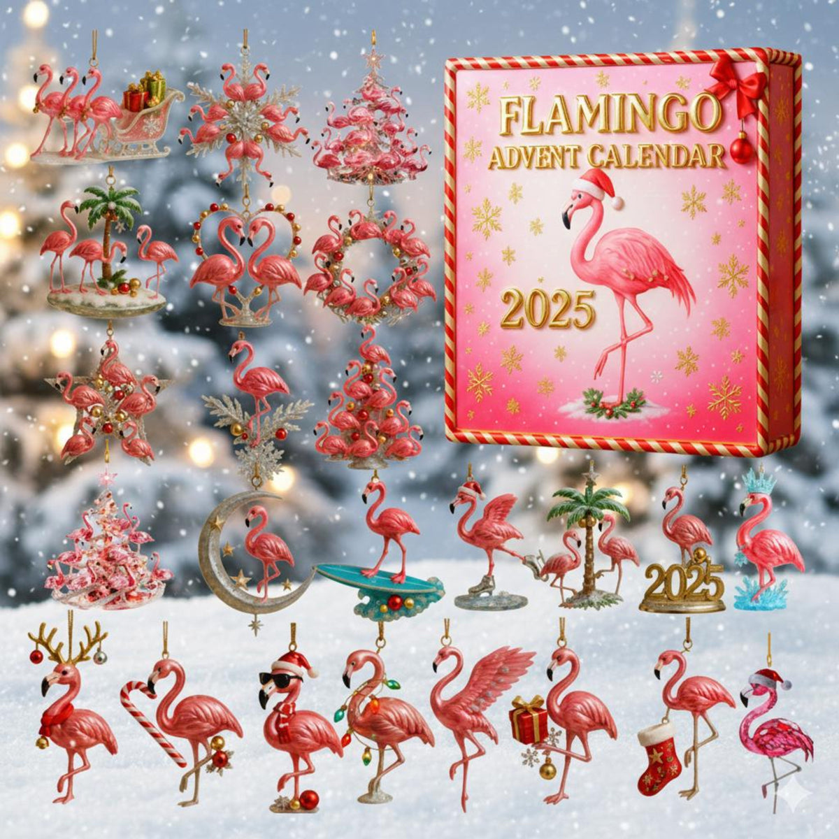 Flamingo Advent Calendar 2025 Limited Edition 24 Acrylic Ornaments Box Tropical Pink Bird Christmas Countdown Gift For Home D Cor