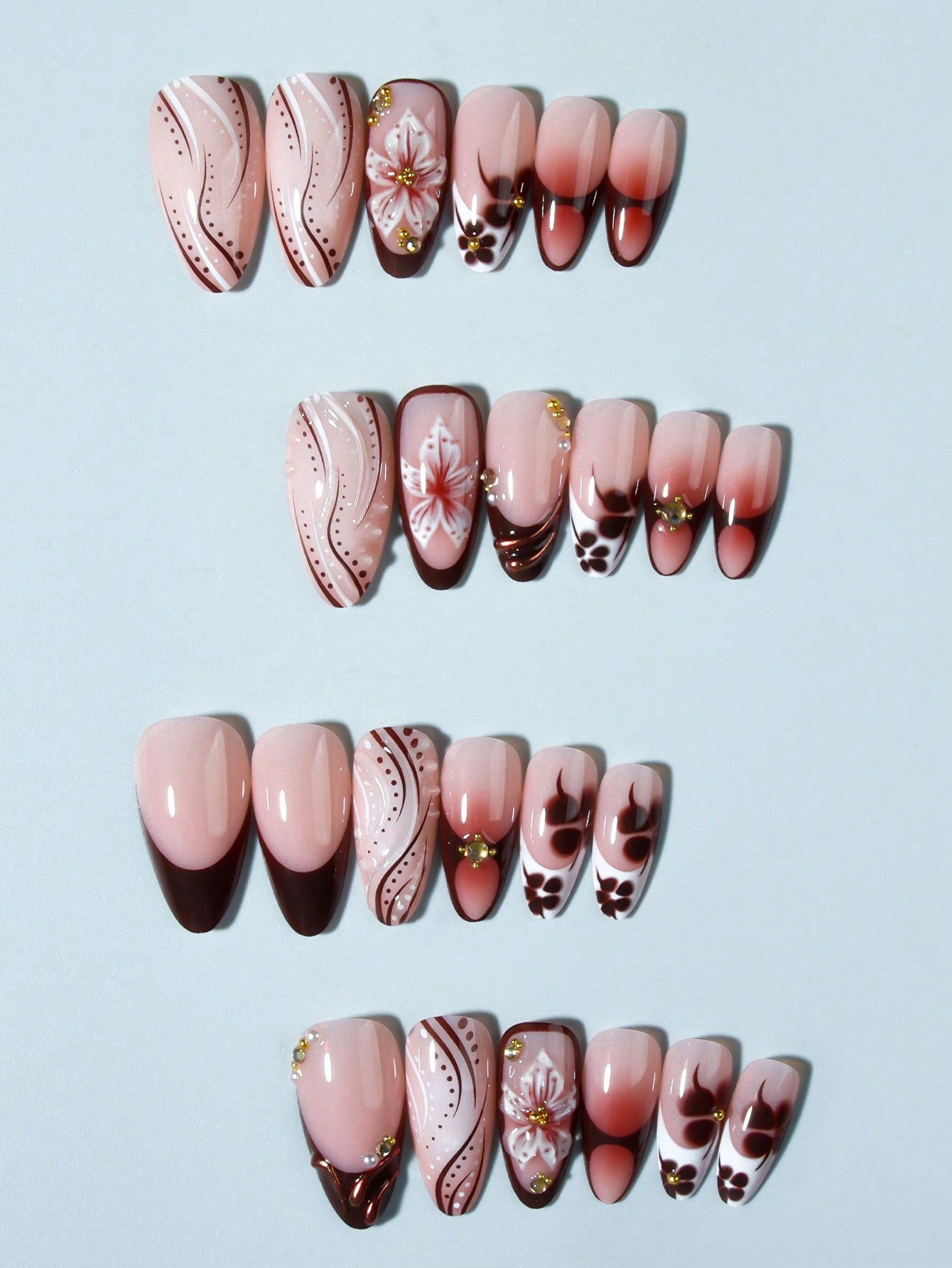 24pcs 3D Floral & Metal Cross Almond French Nails