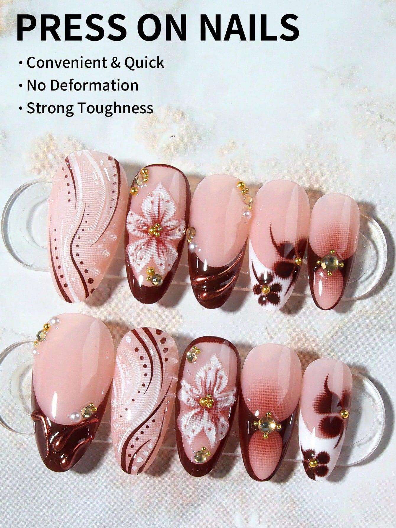 24pcs 3D Floral & Metal Cross Almond French Nails